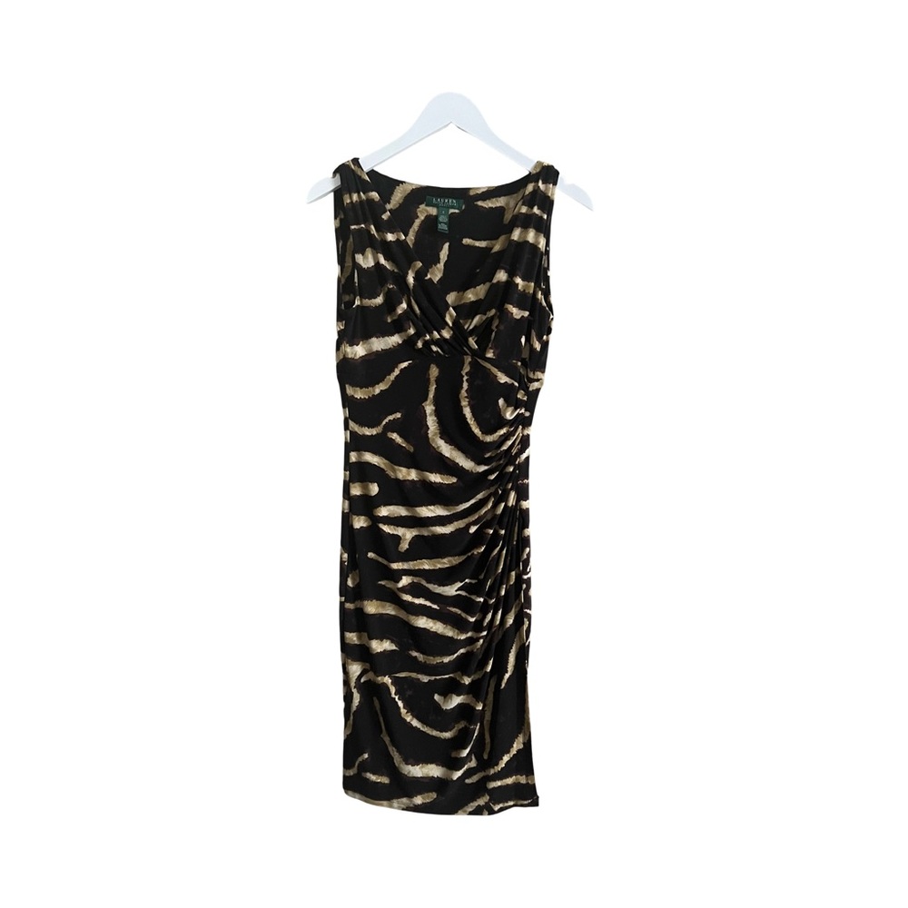 Lauren Ralph Lauren Chic Zebra Print Black and Gold V-neck Ruched Midi Dress